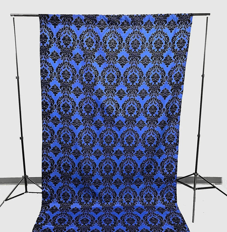 Damask Flocking Taffeta Backdrop Drape Curtain Panel, Set of 1, - (Black on Royal Blue, Choose Color Below