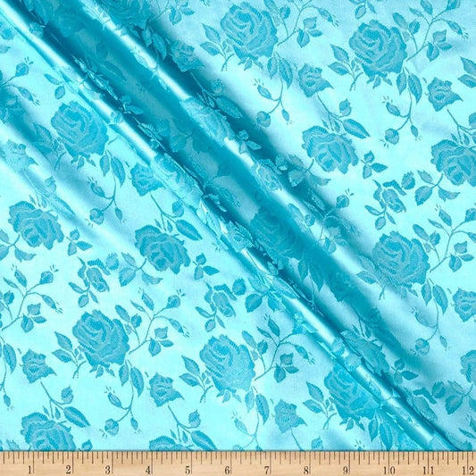 Polyester Flower Brocade Jacquard Satin Fabric, Sold By The Yard. Aqua