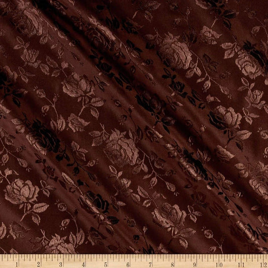 Polyester Flower Brocade Jacquard Satin Fabric, Sold By The Yard. Brown