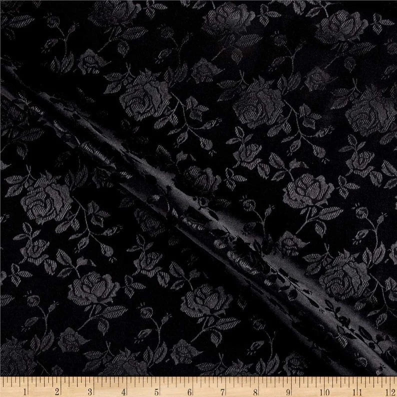 Polyester Flower Brocade Jacquard Satin Fabric, Sold By The Yard. Black