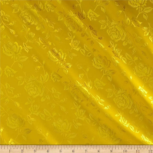 Polyester Flower Brocade Jacquard Satin Fabric, Sold By The Yard. Yellow