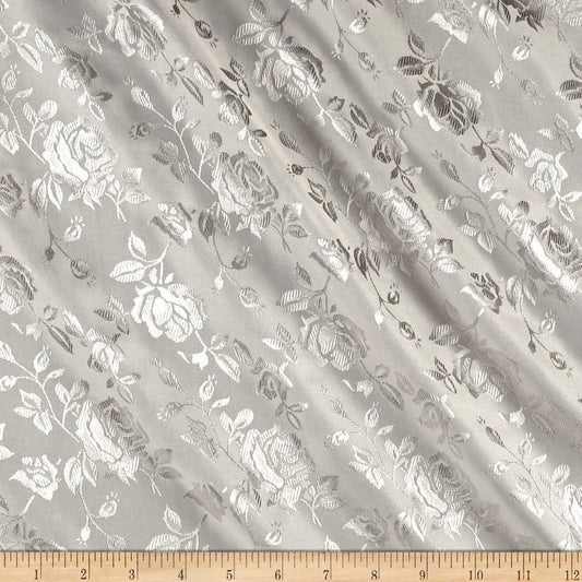 Polyester Flower Brocade Jacquard Satin Fabric, Sold By The Yard. Silver