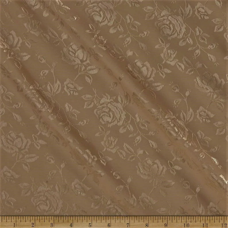 Polyester Flower Brocade Jacquard Satin Fabric, Sold By The Yard. Khaki