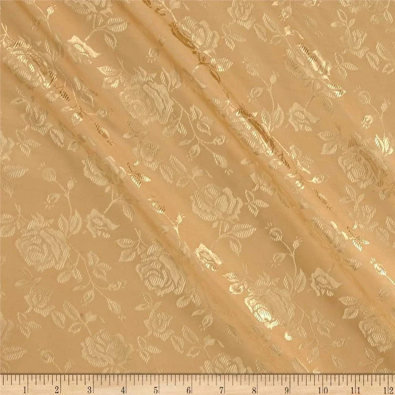 Polyester Flower Brocade Jacquard Satin Fabric, Sold By The Yard. Gold