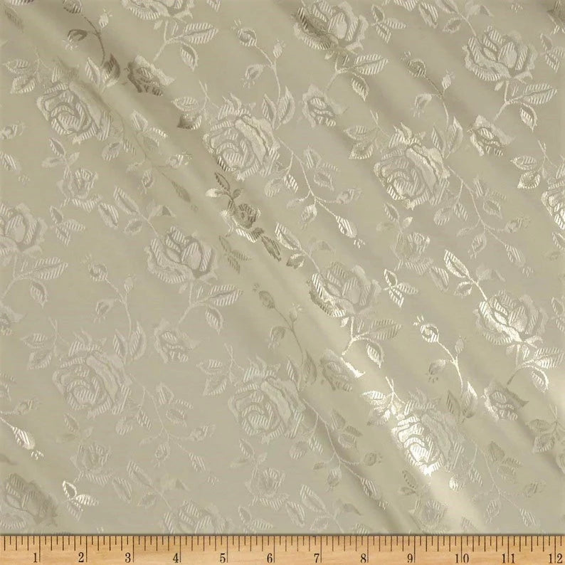 Polyester Flower Brocade Jacquard Satin Fabric, Sold By The Yard. Ivory