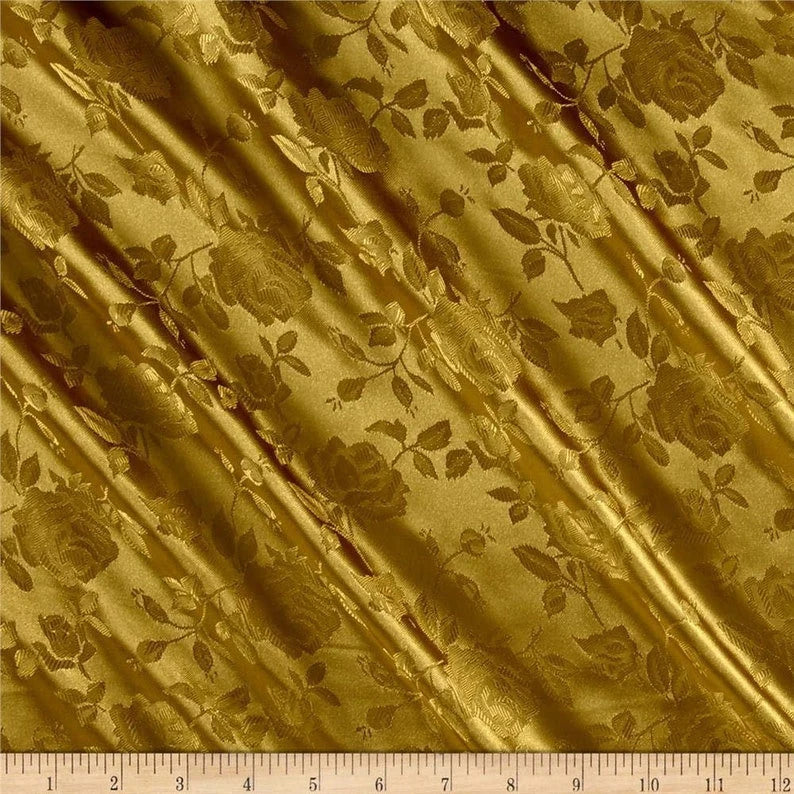 Polyester Flower Brocade Jacquard Satin Fabric, Sold By The Yard. Dk Gold