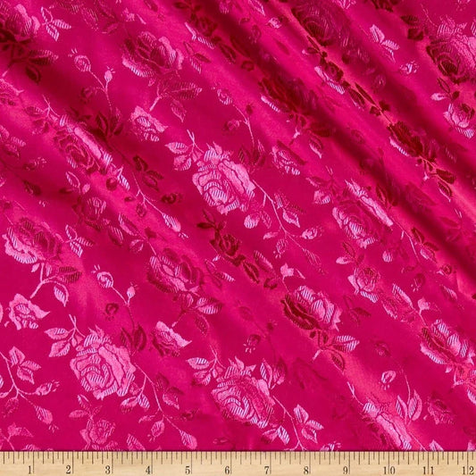 Polyester Flower Brocade Jacquard Satin Fabric, Sold By The Yard. Pink