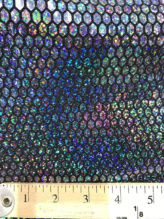 Iridescent Honeycomb Hologram Sequins on Nylon Spandex Fabric (Iridescent Dots on Black Sequins, 1 Yard)