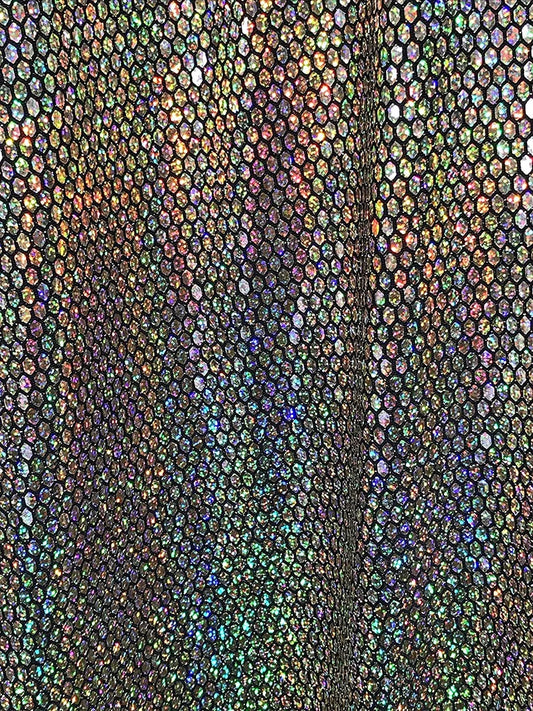 Iridescent Honeycomb Hologram Sequins on Nylon Spandex Fabric (Iridescent Dots on Gold Sequins, 1 Yard)