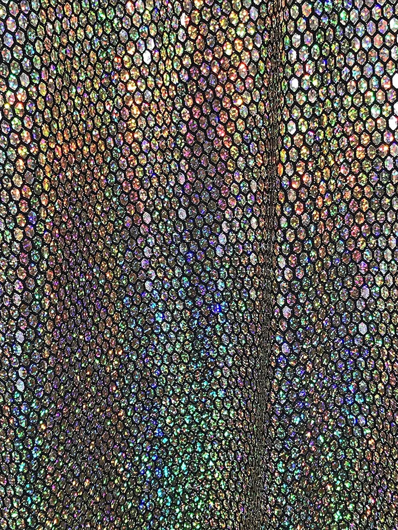 Iridescent Honeycomb Hologram Sequins on Nylon Spandex Fabric (Iridescent Dots on Gold Sequins, 1 Yard)