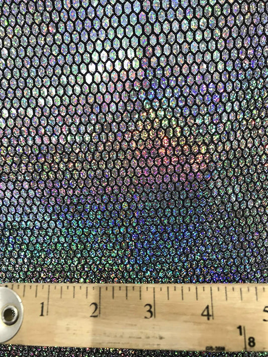 Iridescent Honeycomb Hologram Sequins on Nylon Spandex Fabric (Iridescent Dots on Silver Sequins, 1 Yard)