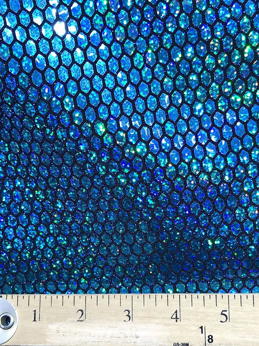 Iridescent Honeycomb Hologram Sequins on Nylon Spandex Fabric (Iridescent Dots on Turquoise Sequins, 1 Yard)