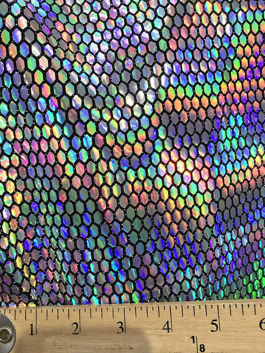 Iridescent Honeycomb Hologram Sequins on Nylon Spandex Fabric (Iridescent on Mirror Sequins, 1 Yard)