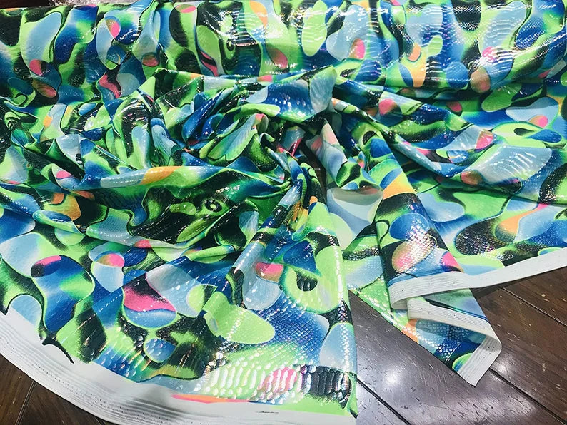 Snake Print Multi Color Fabric Nylon Spandex Fabric, Swimwear/Active wear ( Green, 1 Yard)