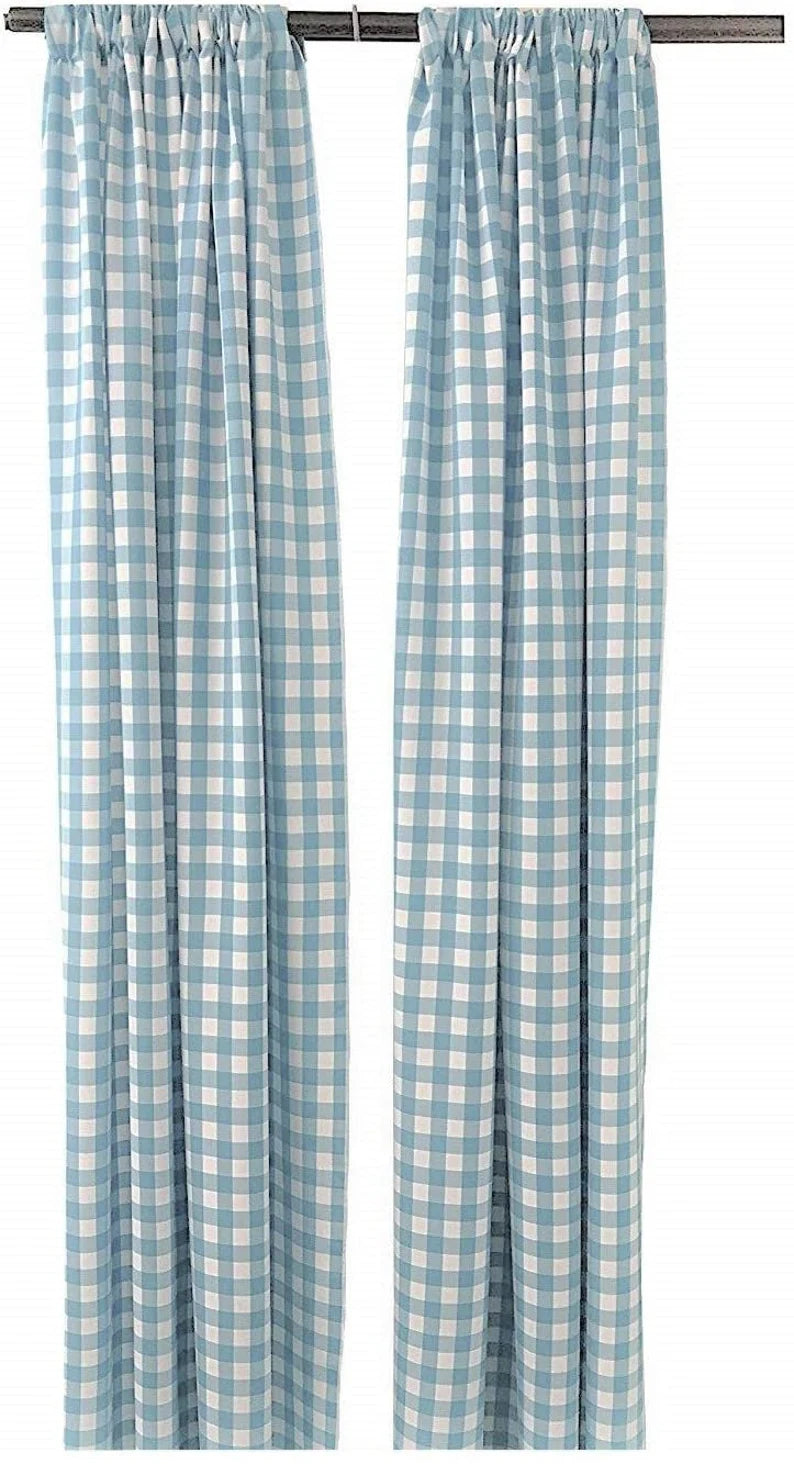 Checkered Country Plaid Gingham Checkered Backdrop Drapes Curtains Panels, Room Divider, 1 Pair - White & Light Blue) Choose Size Below