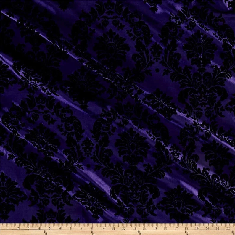 Royalty Flocked Damask Taffetta Purple/Black, Fabric by the Yard
