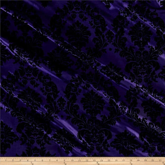 Royalty Flocked Damask Taffetta Purple/Black, Fabric by the Yard