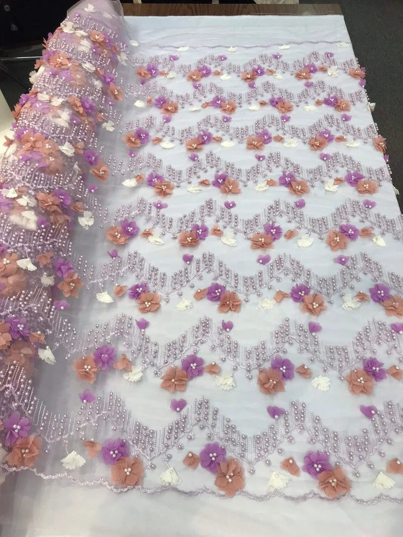 3D Multi Color Chiffon Flowers Embroidery With Pearls Chevron Design on a Mesh Lace-Dresses-Prom-Nightgown-Sold by Yard. Lilac