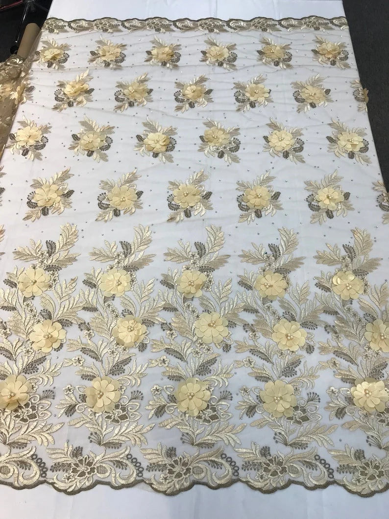 3D Flowers Embroidery With Pearls Chevron Design on a Mesh Lace-Dresses-Prom-Nightgown-Sold by Yard. Champagne