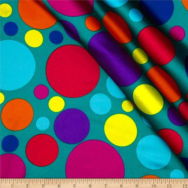 60" Wide 100% Polyester Multi Color Polka Dot Soft Charmeuse Satin Fabric (Multi Color Dot on Teal, 1 Yard)