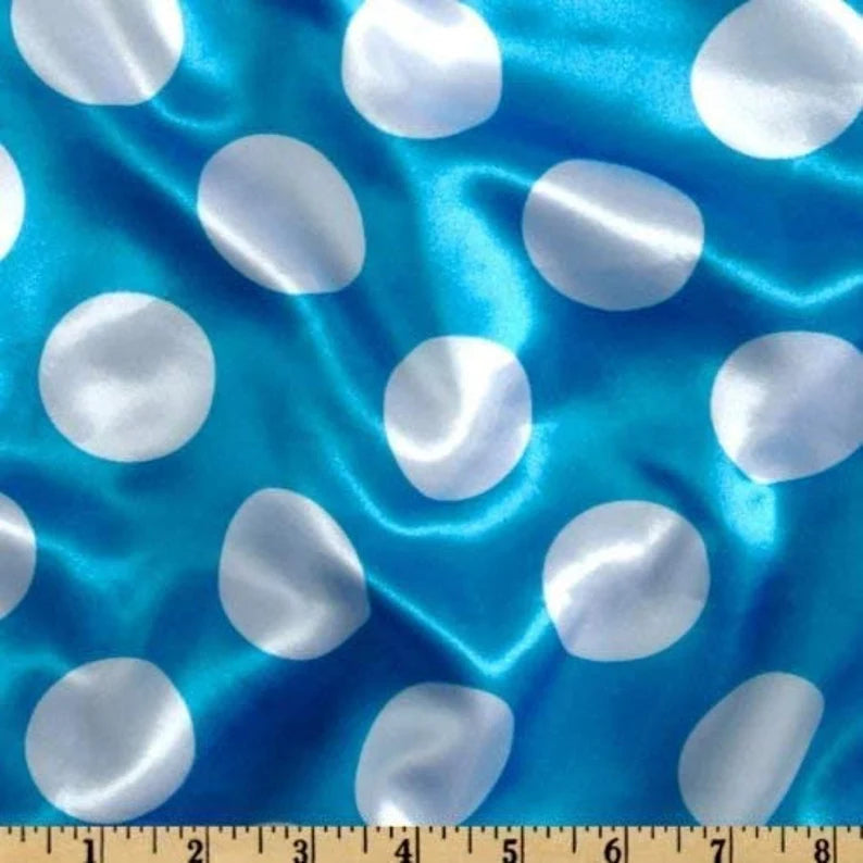60" Wide - 1 1/2" Dot - Charmeuse Satin Polka Dot Fabric (White Dot on Turquoise, 1 Yard