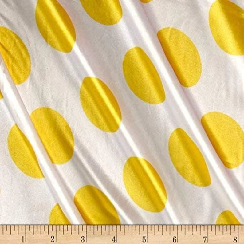 60" Wide - 1 1/2" Dot - Charmeuse Satin Polka Dot Fabric (Yellow Dot on White, 1 Yard)