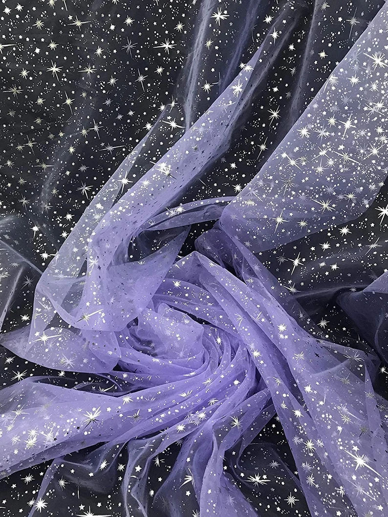 60" Wide Foil Star Silver on Sheer Organza Fabric by The Yard ( Lilac , by The Yard)