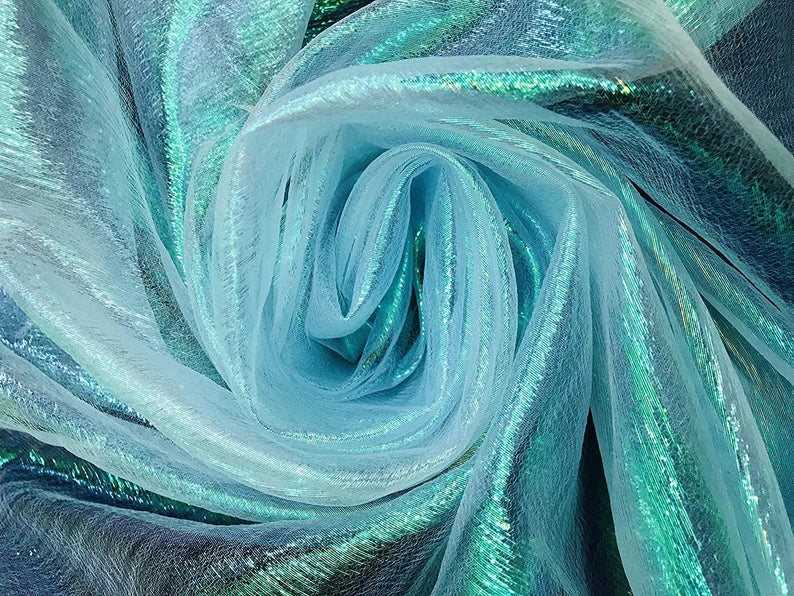 40/45" Wide Iridescent Translucent Crushed Shimmer Organza Fabric, Sells by The Yard (Aqua)