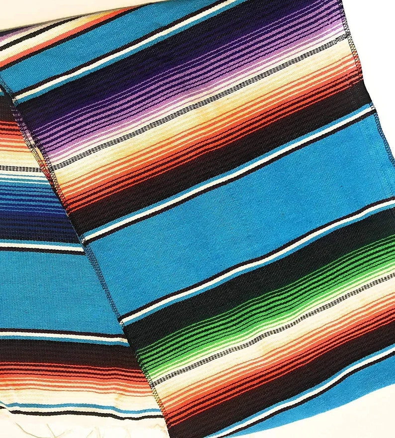 14" Wide by 84" Long - Cinco de Mayo Mexican Serape Cotton Table Runner (Light Turquoise)