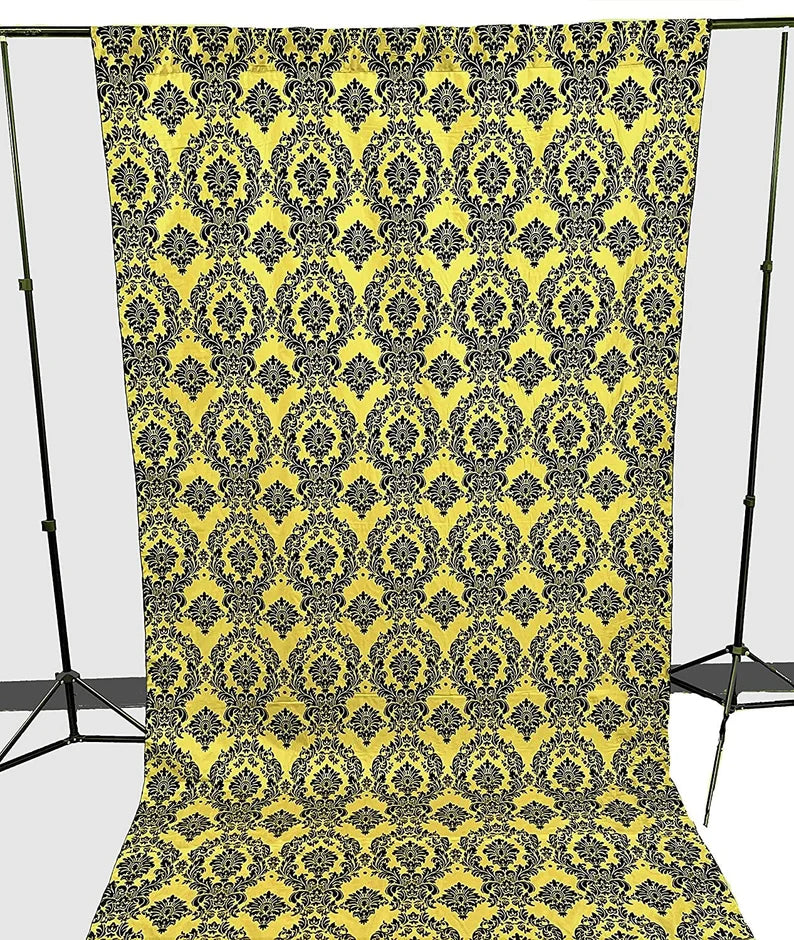 Damask Flocking Taffeta Backdrop Drape Curtain Panel, Set of 1, - (Black on Yellow, Choose Color Below