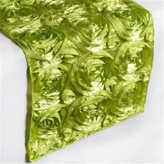 Rosette Satin Table Runner (14” x 108”) | Perfect for Weddings, Birthdays, Home Décor and Others | 3D Large Rose Effect | (Apple Green)