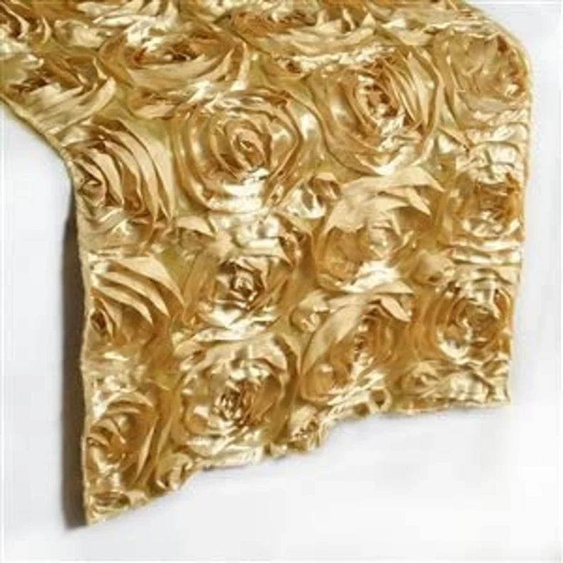 Rosette Satin Table Runner (14” x 108”) | Perfect for Weddings, Birthdays, Home Décor and Others | 3D Large Rose Effect | Champagne