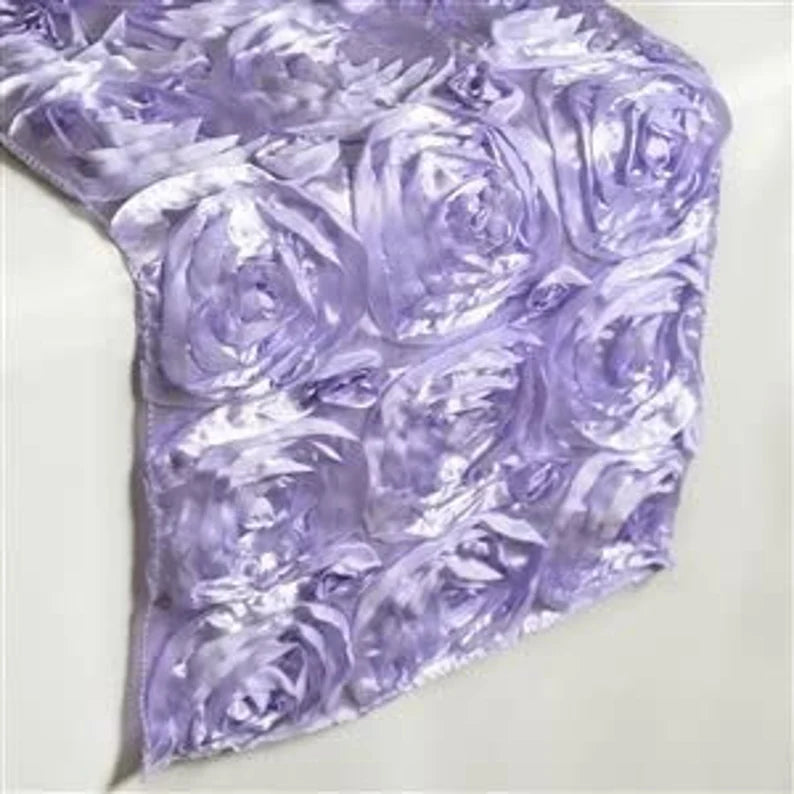 Rosette Satin Table Runner (14” x 108”) | Perfect for Weddings, Birthdays, Home Décor and Others | 3D Large Rose Effect | Lavender