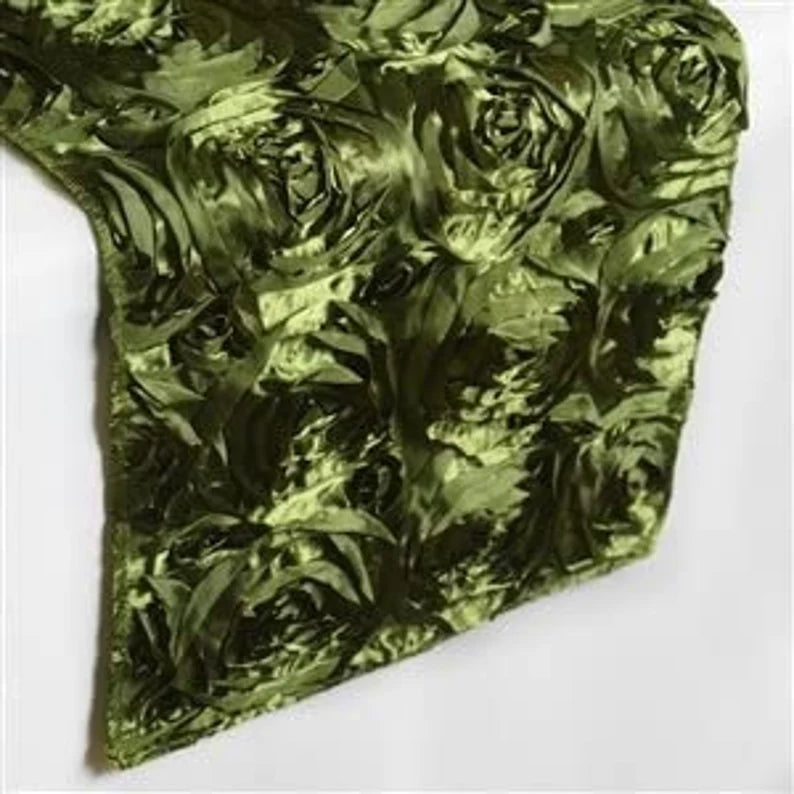 Rosette Satin Table Runner (14” x 108”) | Perfect for Weddings, Birthdays, Home Décor and Others | 3D Large Rose Effect | Olive