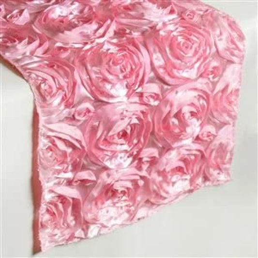 Rosette Satin Table Runner (14” x 108”) | Perfect for Weddings, Birthdays, Home Décor and Others | 3D Large Rose Effect | Pink
