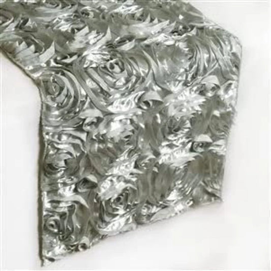 Rosette Satin Table Runner (14” x 108”) | Perfect for Weddings, Birthdays, Home Décor and Others | 3D Large Rose Effect | Silver