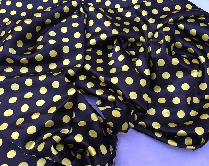 1/2" Polka Dot Silky/Soft Charmeuse Satin Fabric by The Yard, Yellow Dot on Black Fabric