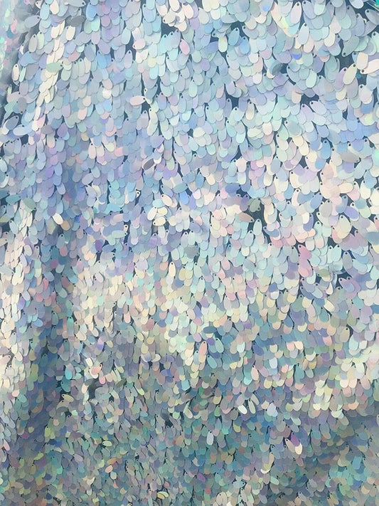 Iridescent 12 MM Teardrop-Decorations-Mermaid Sequins on a Mesh-Sold by Yard. (By the Yard Iridescent Silver)