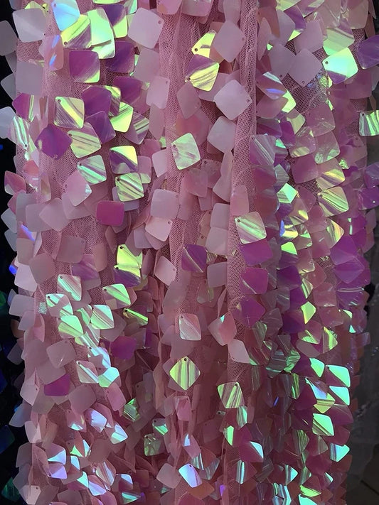 Pink Iridescent Sequins-Dragon Scales Embroider on a Mesh-Sold by the Yard.