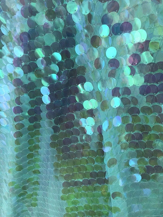 Fish Scale Paillette 18mm Mermaid Round Sequin Pearl Fabric By The Yard Mint Clear Iridescent