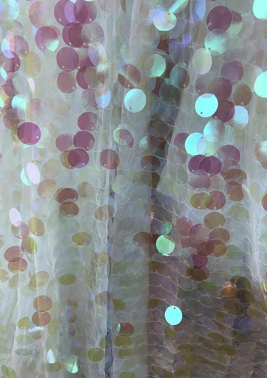 Fish Scale Paillette 18mm Mermaid Round Sequin Pearl Fabric By The Yard Pink Clear Iridescent
