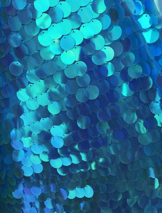 Fish Scale Paillette 18mm Mermaid Round Sequin Pearl Fabric By The Yard Tuquoise Iridescent
