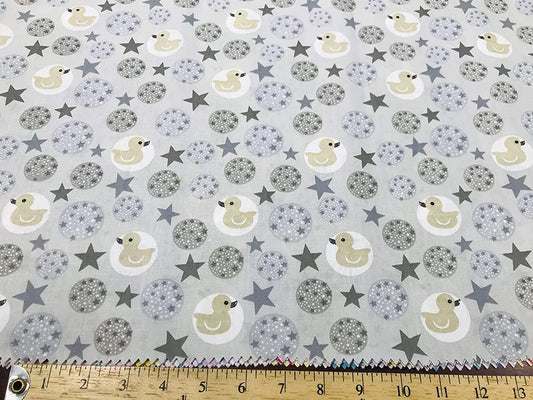 Poly Cotton Fabric, Ducks Print, Good to Make Face Mask Covers. (Ducks on Silver, 1 Yard)