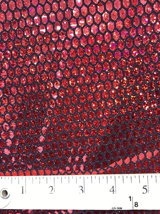 Iridescent Honeycomb Hologram Sequins on Nylon Spandex Fabric (Iridescent Dots on Red Sequins, 1 Yard)
