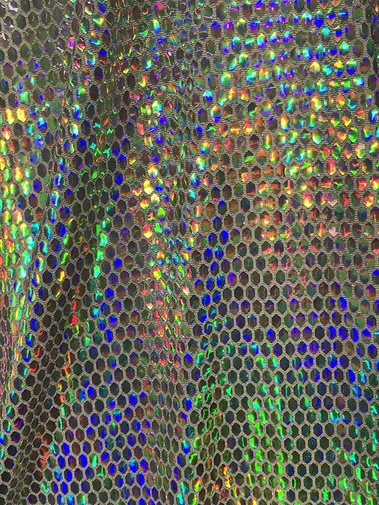 Iridescent Honeycomb Hologram Sequins on Nylon Spandex Fabric (Iridescent Dots on White Sequins, 1 Yard)