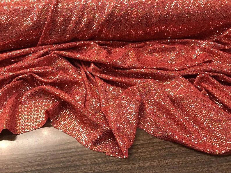 Iridescent Hologram Round Sequins on Spandex Fabric by The Yard (Red on Red, by The Yard)