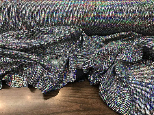 Iridescent Hologram Round Sequins on Spandex Fabric by The Yard (Silver on Black, by The Yard)