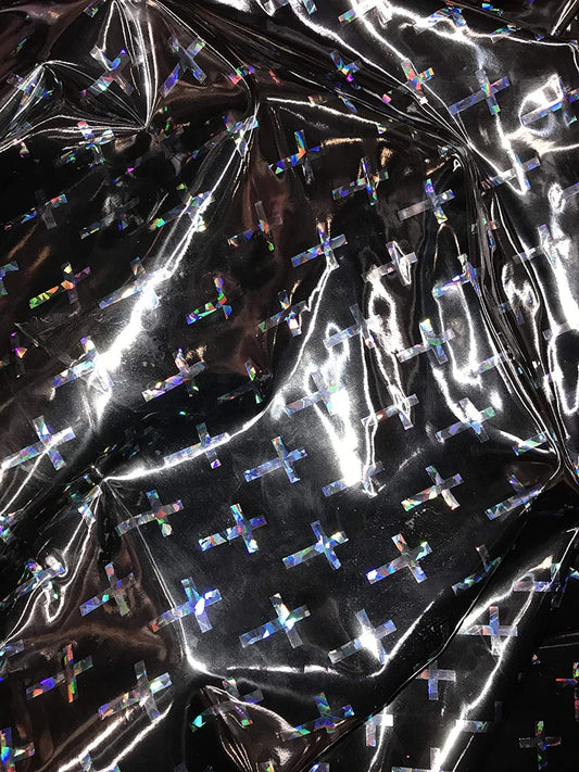 Polyester Spandex Shiny Faux Vinyl 2 Way Stretch Fabric with Hologram/Iridescent Cross (Black, by The Yard)