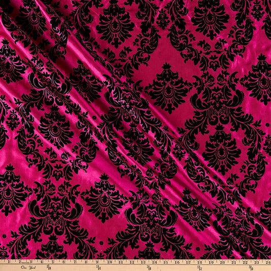 Royalty Flocked Damask Taffetta Fuchsia/Black, Fabric by the Yard