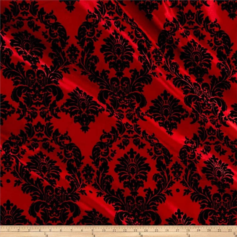 Royalty Flocked Damask Taffetta Red/Black, Fabric by the Yard